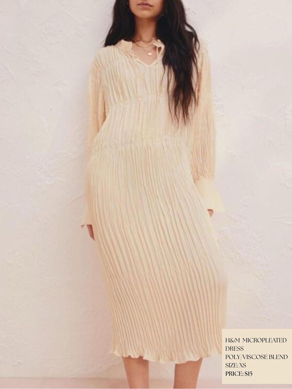 H&M Cream Long-Sleeve Micropleated Midi Dress
